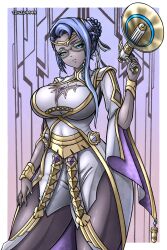 Rule 34 | 1girl, blue eyeshadow, blue hair, blue lips, blue nails, breasts, circlet, dark-skinned female, dark skin, eyeshadow, fire emblem, fire emblem heroes, gold circlet, heimdallr (fire emblem), highres, holding, holding megaphone, kalesklok, large breasts, lipstick, makeup, megaphone, nail polish, nintendo, office lady, solo