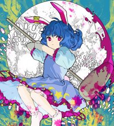 1girl animal_ears bloomers blue_dress blue_hair bobby_socks bullet crescent crescent_print dress earclip feet_out_of_frame highres kaigen_1025 kine mallet moon moon_rabbit rabbit_ears red_eyes seiran_(touhou) socks stain star_(symbol) touhou underwear white_socks