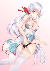 1girl absurdres bare_shoulders black_panties bow breasts china_dress chinese_clothes cleavage cleavage_cutout closed_mouth clothing_cutout collarbone commentary_request covered_navel dress feet_out_of_frame female_focus fingernails floral_print folded_fan folding_fan gluteal_fold gradient_background hair_bow hair_ornament hair_ribbon hand_fan heart heart-shaped_pupils highres holding holding_fan lace lace_legwear large_breasts long_fingernails long_hair looking_at_viewer mikawa_sansen panties panty_pull pelvic_curtain ponytail pulling_own_clothes red_bow red_eyes red_ribbon ribbon shiny_skin side-tie_panties side_slit sidelocks silver_hair skindentation solo strap_pull strapless strapless_dress string_panties string_pull symbol-shaped_pupils thighhighs underwear very_long_hair vocaloid white_thighhighs yowane_haku