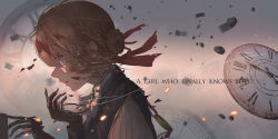 10s 1girl blonde_hair blood blood_on_face blue_eyes blue_jacket braid braided_bun brooch clock clock_hands crying crying_with_eyes_open debris dress female_focus from_side gloves hair_between_eyes hair_bun hair_intakes hair_ribbon highres hinoborukaku jacket jewelry long_sleeves prosthesis prosthetic_arm prosthetic_hand red_ribbon ribbon scratches solo tears time torn_clothes violet_evergarden violet_evergarden_(series)