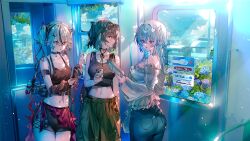 3girls alternate_costume ass bag_charm bare_shoulders black_eyes black_hair black_nails black_shirt black_skirt blue_hair book breasts camellya_(wuthering_waves) cellphone cellphone_charm charm_(object) cleavage commentary_request crop_top denim eyewear_on_head female_rover_(wuthering_waves) fingernails green_pants hair_between_eyes hair_ornament hair_vines highres holding holding_book holding_phone jeans large_breasts long_hair looking_at_another looking_outside medium_breasts midriff multiple_girls nail_polish navel off-shoulder_shirt off_shoulder open_mouth panties pants panty_peek phone purple_eyes red_pupils rover_(wuthering_waves) shirt shorekeeper_(wuthering_waves) short_hair skirt smartphone sunglasses train_interior underwear utsuhostoria white_hair white_shirt wuthering_waves