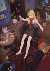 1girl armchair asuka_gin basket black_cat black_corset black_footwear black_hat black_skirt blonde_hair blunt_bangs book bookshelf boots bottle bow bowtie broom cake cake_slice carpet cat chair checkerboard_cookie chest_of_drawers closed_eyes collared_shirt cookie corset cup cupcake erlenmeyer_flask flask floating floating_object flower food fork frilled_sleeves frills gem hand_up hat highres holding holding_wand indoors juliet_sleeves long_hair long_sleeves macaron magic orange_bow original painting_(object) parted_lips plant plate potted_plant pouring puffy_sleeves red_bow red_bowtie red_gemstone rose saucer scroll shirt shirt_tucked_in shoes sitting skirt sleeping_animal solo sparkle strawberry_shortcake sugar_cube table teacup teapot teeth thighhighs unworn_hat unworn_headwear unworn_shoes vase wallpaper_(object) wand white_shirt white_thighhighs witch witch_hat yawning yellow_flower yellow_rose zettai_ryouiki