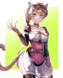 1girl animal_ears belt braid cat cat_ears cat_girl cat_tail claws closed_mouth collar facepaint facial_mark fire_emblem fire_emblem:_path_of_radiance fire_emblem:_radiant_dawn frown glowing glowing_eyes hand_guard highres looking_at_viewer lyre_(fire_emblem) nintendo o-ring o-ring_belt orange_hair orange_tail ponpoko89 purple_eyes shorts side_slit side_slit_shorts simple_background solo tail thighs whisker_markings