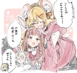 4girls animal_ears asanagi_yori black_hair black_hat blonde_hair blush bow bowtie brown_hair cat_ears closed_eyes commentary green_eyes hat highres long_hair medium_hair mizuguchi_aki multiple_girls open_mouth pink_bow pink_bowtie rabbit_ears sasayaku_you_ni_koi_wo_utau short_hair sidelocks signature sweatdrop tachibana_kaori_(sasakoi) takeshima_eku translation_request tsutsui_mari_(sasakoi) v