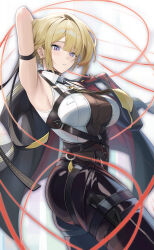 1girl absurdres arm_behind_head armpits ass black_jacket black_pants blonde_hair breasts commentary_request dixo_(user_srff3835) earrings evelyn_chevalier highres jacket jewelry large_breasts pants parted_lips purple_eyes shirt short_hair solo string white_shirt zenless_zone_zero