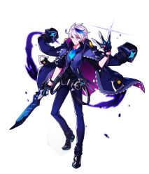 1boy ascot belt belt_buckle between_fingers black_belt black_coat black_gloves black_shirt black_shoes blue_ascot blue_eyes blue_hair blue_pants blue_vest buckle buttons ciel_(elsword) closed_mouth coat coat_on_shoulders cross cross_earrings earrings elsword floating_clothes full_body gleam gloves hair_between_eyes highres holding holding_knife holding_sword holding_weapon hwansang jewelry knife knives_between_fingers long_sleeves looking_at_viewer magic male_focus multicolored_hair multiple_belts official_art pants pointy_ears purple_coat second-party_source sheath shirt shoes short_hair sleeve_cuffs smile solo standing streaked_hair sword three-quarter_sleeves transparent_background two-sided_coat two-sided_fabric vest weapon white_hair wrist_belt zipper