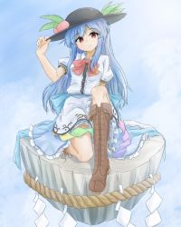 apron black_hat blouse blue_hair blue_skirt boots bow bowtie closed_mouth cloud commentary_request flying food fruit hand_on_headwear hat highres hinanawi_tenshi kaname-ishi lace-up_boots leaf long_hair looking_at_viewer parted_bangs peach rainbow_order red_bow red_eyes rope sash shimenawa shirt short_sleeves sitting skirt sky solo tarumaru touhou waist_apron white_shirt