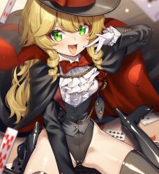 1girl arm_up black_boots black_cloak black_hat black_jacket black_leotard black_thighhighs blonde_hair boots bow bowtie card chain cloak cluseller commission gloves green_eyes grey_vest groin hat high_heel_boots high_heels highleg highleg_leotard jacket leotard leotard_under_clothes long_hair looking_at_viewer open_mouth original phantom_thief phantom_thief_(kkmomo67) playing_card red_bow red_bowtie red_cloak shirt sitting skeb_commission smile solo spread_legs thigh_boots thighhighs thighs tongue tongue_out top_hat two-sided_cloak two-sided_fabric vest white_gloves white_shirt