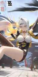 1girl ahoge architecture arm_up artist_name asymmetrical_gloves between_breasts bird black_bird black_gloves black_shorts black_thighhighs breasts building cleavage collared_shirt commentary_request copyright_name dated day dutch_angle east_asian_architecture fingerless_gloves floating_hair gloves glowing gold_armlet hair_ornament hand_up high-waist_shorts highres holding holding_ofuda kuji-in large_breasts legs_up long_hair looking_at_viewer mole mole_on_breast outdoors rain_sama shirt shorts sidelocks single_hair_intake single_thighhigh solo tassel thighhighs thighs tree uneven_gloves very_long_hair vest white_hair white_shirt yellow_eyes yellow_vest yin_yang_pin yixuan_(zenless_zone_zero) zenless_zone_zero
