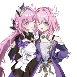2girls ;) ;o adapted_costume black_skirt breasts chinese_commentary cleavage coat color_connection commentary_request company_connection cyrene_(honkai:_star_rail) dress elf elysia_(honkai_impact) elysia_(miss_pink_elf)_(honkai_impact) hair_color_connection hair_ornament heart heyan highres honkai:_star_rail honkai_(series) honkai_impact_3rd inoue_marina jewelry long_hair looking_at_viewer medium_breasts medium_hair multiple_girls necklace one_eye_closed pointy_ears purple_coat shirt simple_background skirt small_breasts smile voice_actor_connection white_background white_dress white_shirt yanning