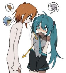1boy 1girl @_@ a.i._voice adachi_rai adachi_rei arm_tattoo arrow_(symbol) black_eyes black_sleeves blue_eyes blue_hair blue_necktie blush closed_mouth clothed_female_nude_male collared_shirt cutting_board detached_sleeves elephant genderswap genderswap_(ftm) grey_shirt hair_between_eyes hair_ornament hatsune_miku jihecchi long_hair looking_at_breasts looking_at_penis necktie nose_blush nude open_mouth orange_hair own_hands_together pleated_skirt shirt simple_background skirt sweat tattoo twintails utau very_long_hair vocaloid white_background