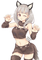 1girl absurdres animal_ears bare_shoulders brown_eyes brown_shirt brown_skirt brown_thighhighs cowboy_shot dated fur_collar fur_shirt fur_skirt grey_hair highres make_heroine_ga_oo_sugiru! medium_hair miniskirt navel official_alternate_costume one_eye_closed parted_lips paw_pose raccoon_ears shiratama_riko shirt signature simple_background skirt solo strapless strapless_shirt thighhighs toyosora white_background zettai_ryouiki