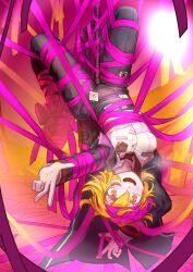 Rule 34 | 1girl, absurdres, black pants, blonde hair, blush, bound, bound feet, breasts, buzaii, don quixote (project moon), e.g.o (project moon), highres, lance, limbus company, looking at viewer, pants, pole dancing, polearm, project moon, ribbon, ribbon bondage, roseate desire (e.g.o), shirt, smile, upside-down, v, weapon, white shirt, yellow eyes