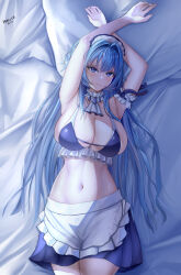 1girl absurdres apron armpits arms_up bikini bikini_top_only black_bikini black_skirt blue_eyes blue_hair breasts commentary_request dated goddess_of_victory:_nikke helm_(nikke) highres kaminoringo long_hair lying maid maid_apron maid_bikini maid_headdress navel on_back on_bed skirt stomach swimsuit thighs unconventional_maid very_long_hair