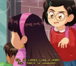 1990s_(style) 1boy abby_(turning_red) animification black_hair brenni_murasaki earrings faux_retro_artstyle glasses jewelry looking_at_viewer meilin_lee multiple_girls open_mouth overalls purple_overalls retro_artstyle shirt short_hair turning_red