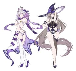 2girls absurdres alternate_costume ass bikini breasts butt_crack castorice_(honkai:_star_rail) full_body grey_hair hat herta_(honkai:_star_rail) highres honkai:_star_rail honkai_(series) long_hair multiple_girls purple_eyes purple_hair simple_background swimsuit the_herta_(honkai:_star_rail) white_background xfate