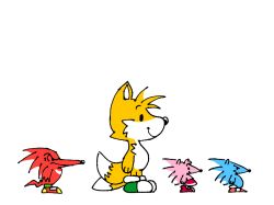 amy_rose angry animal animal_focus clothed_animal commentary english_commentary from_side frown full_body green_footwear knuckles_the_echidna multiple_tails no_humans parody peanuts_(comic) red_footwear red_skirt shoes simple_background skirt smile sneakers snoopy sonic_(series) sonic_the_hedgehog standing steven14032007 style_parody tail tails_(sonic) white_background woodstock