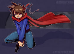 1boy animification artist_request belt blush brown_hair cape denim gun hair_ornament hair_ribbon holding i_wanna_be_the_guy jeans kneeling male_focus neolucky outline pants platform purple_eyes red_cape red_pupils ribbon short_hair solo spiked_hair sweatdrop the_kid weapon