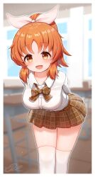 1girl abe_nana arms_behind_back blurry blurry_background blush bow bowtie breasts brown_bow brown_bowtie brown_skirt feet_out_of_frame highres idolmaster idolmaster_cinderella_girls indoors j2l leaning_forward looking_at_viewer medium_breasts orange_hair plaid_bow plaid_bowtie plaid_clothes pleated_skirt ponytail school_uniform shirt skirt smile solo thighhighs white_shirt white_thighhighs