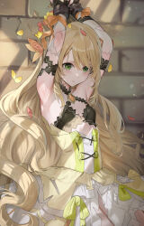 1girl arms_up blonde_hair bound breasts celine_(fire_emblem) cuffs day dress fire_emblem fire_emblem_engage green_eyes haru_(nakajou-28) long_hair multicolored_dress nintendo restrained shackles small_breasts solo sunlight tied_up_(nonsexual) torn_clothes torn_dress wavy_hair white_dress yellow_dress