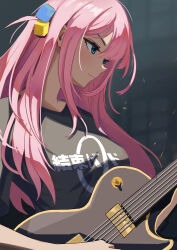1girl absurdres black_shirt blue_eyes bocchi_the_rock! cube_hair_ornament electric_guitar gotoh_hitori guitar hair_between_eyes hair_ornament highres instrument long_hair music pink_hair playing_guitar playing_instrument shirt silvertina smile