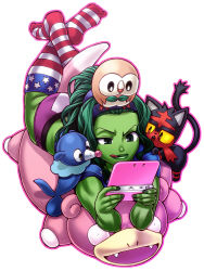 1girl :q aged_down american_flag_legwear animification ass chiba_toshirou creatures_(company) crossover flag_print game_freak gen_1_pokemon gen_7_pokemon green_eyes green_hair hairband handheld_game_console legs_up litten lying marvel muscular nintendo nintendo_3ds on_stomach pokemon pokemon_(creature) pokemon_sm popplio print_legwear print_socks rowlet she-hulk simple_background slowpoke socks starter_pokemon_trio striped_clothes striped_socks striped_thighhighs stuffed_animal stuffed_toy thighhighs tongue tongue_out white_background