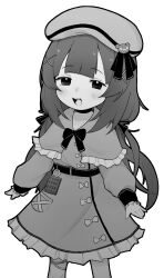 1girl arched_bangs belt black_belt black_bow black_bowtie black_choker black_ribbon blunt_bangs blush bow bowtie capelet center-flap_bangs choker dot_nose double-parted_bangs dress dress_pocket fallenshadow food frilled_capelet frilled_dress frilled_sleeves frills hair_ornament hair_ribbon hat hat_ribbon highres indie_virtual_youtuber k315h1 leglet long_hair long_sleeves looking_at_viewer monochrome petite puffy_long_sleeves puffy_sleeves raised_eyebrows ribbon simple_background small_hands solo tongue v-neck very_long_hair waffle white_background x_hair_ornament