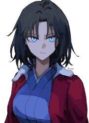 Rule 34 | 1girl, artist name, black hair, blue eyes, blue kimono, bomber jacket, glowing, glowing eyes, highres, jacket, japanese clothes, kara no kyoukai, ki wa001, kimono, mystic eyes of death perception, ryougi shiki, white background