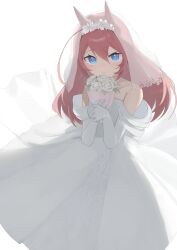 1girl absurdres ahoge alternate_costume animal_ears bare_shoulders blue_eyes blush bouquet bridal_veil brown_hair dress flower gloves hair_between_eyes hairband highres holding holding_bouquet horse_ears horse_girl long_hair looking_at_viewer mihono_bourbon_(umamusume) nminmi0343 off-shoulder_dress off_shoulder rose smile solo umamusume veil wedding_dress white_dress white_flower white_gloves white_rose