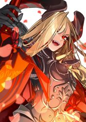 1girl armor armored_bodysuit black_armor black_bodysuit black_gloves black_horns blonde_hair bodysuit breasts cape dragon_horns facial_mark fangs fate/grand_order fate_(series) gloves hair_over_one_eye highres hiyoko_no_tamago horns large_breasts long_hair long_horns looking_at_viewer nero_claudius_(fate) pointy_ears queen_draco_(fate) queen_draco_(third_ascension)_(fate) red_eyes red_scales shoulder_plates smile solo wavy_hair