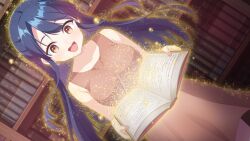 1girl :d bare_arms blue_hair bookshelf brown_dress brown_eyes cowboy_shot dress dutch_angle floating_hair game_cg highres holding indoors koruri library long_hair magic neko_to_wakai_seyo! open_mouth short_dress sleeveless sleeveless_dress smile solo standing tachibana_seika very_long_hair