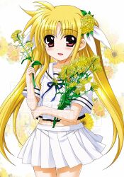 1girl blue_ribbon blush commentary_request cowboy_shot fate_testarossa flower hair_flower hair_ornament higa_yukari highres holding holding_flower long_hair looking_at_viewer lyrical_nanoha mahou_shoujo_lyrical_nanoha neck_ribbon one_side_up open_mouth pleated_skirt red_eyes ribbon sailor_collar school_uniform serafuku short_sleeves skirt solo summer_uniform twintails very_long_hair watermark white_sailor_collar white_serafuku white_skirt yellow_flower
