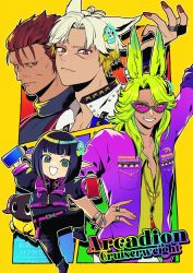 1girl 3boys :d animal_ears belt black_hair black_jacket black_pants blonde_hair bracelet brute_bomber cat_boy cat_ears cropped_jacket dancing_green dark-skinned_male dark_skin expressionless final_fantasy final_fantasy_xiv fosaster_fenrir green_eyes green_hair green_shirt grin hand_on_own_hip headphones headphones_around_neck heterochromia highres holding holding_spray_can hyur jacket jewelry lalafell long_hair looking_at_viewer male_focus miqo&#039;te multicolored_hair multiple_boys necklace open_mouth orange_eyes pants pink_belt pointy_ears purple_jacket rabbit_boy rabbit_ears red_eyes red_hair red_nails retsarra_(ff14) ring shirt short_hair smile smirk spray_can sugar_riot sunglasses two-tone_hair viera white_hair yellow_eyes