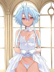 1girl ahoge bare_shoulders breasts cleavage clothes_lift dot_nose dress female_focus flat_chest hair_between_eyes indoors lifting_own_clothes medium_breasts neptune_(series) panties pink_eyes shiny_skin short_hair sidelocks skirt skirt_lift smile solo standing symbol-shaped_pupils thong underwear wedding_dress white_heart_(neptunia) white_panties window zatsu