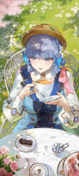 1girl absurdres ayaka_(genshin_impact) blue_dress blue_eyes blue_hair braid braided_hair_rings brown_headwear butterfly_hair_ornament butterfly_ring buttons closed_mouth cup double-breasted dress field flower flower_field genshin_impact hair_flower hair_ornament hair_rings highres holding holding_cup holding_saucer kamisato_ayaka kamisato_ayaka_(springbloom_missive) light_blue_hair lips long_sleeves looking_to_the_side mole mole_under_eye multicolored_dress official_alternate_costume official_alternate_hairstyle on_chair outdoors parted_lips pink_flower pov_across_table puffy_long_sleeves puffy_sleeves red_lips rhtkd saucer shirt sitting smile solo sugar_cube table tea teacup teapot white_flower white_shirt