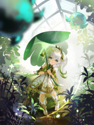 1girl absurdres commentary creature cross-shaped_pupils dress full_body genshin_impact gold_trim gradient_hair green_eyes green_hair hair_between_eyes hair_ornament highres holding holding_leaf leaf leaf_hair_ornament lens_flare long_hair looking_at_viewer multicolored_hair nahida_(genshin_impact) parted_lips pointy_ears shiokawa_(aokooo1730) short_sleeves side_ponytail sleeveless sleeveless_dress solo standing stirrup_footwear streaked_hair symbol-shaped_pupils white_dress white_hair