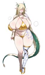 absurdres amx1375 antlers arm_at_side arm_tattoo bikini blonde_hair breasts chinese_clothes cleavage closed_eyes dragon_girl dragon_tail eastern_dragon_horns facing_viewer fingernails full_body fur-tipped_tail gigantic_breasts gold_bikini hair_between_eyes hair_over_one_eye high_heels highres horns leg_tattoo long_hair long_sidelocks original pointy_ears porcelain prosthesis prosthetic_leg ring_light_reflection sharp_fingernails shiny_skin shoes sidelocks smile straight_hair swimsuit tail tattoo very_long_hair white_background