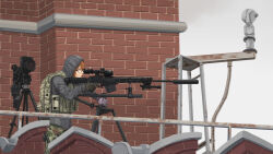 1010kman absurdres aiming brick_wall camera camouflage camouflage_pants chukavin_svch cloud cloudy_sky commission from_side glasses green_eyes grey_hoodie gun highres holding holding_tripod hood hoodie original pants prosthesis prosthetic_arm rifle sky sniper_rifle suppressor tactical_clothes tripod vest weapon zehra_(kommandant)