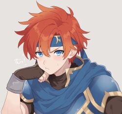 absurdres armor blue_armor blue_eyes blush cape fingerless_gloves fire_emblem fire_emblem:_the_binding_blade gloves headband highres looking_at_viewer male_focus n_54 nintendo red_hair roy_(fire_emblem) short_hair short_sleeves simple_background sweat sweatdrop upper_body