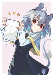 1girl ahoge animal_ears black_dress blush capelet closed_mouth dress foul_detective_satori grey_capelet grey_hair hair_between_eyes highres holding jewelry kakedashi long_sleeves mouse_ears mouse_tail nazrin pendant cleaning_rag red_eyes short_hair smile solo tail touhou
