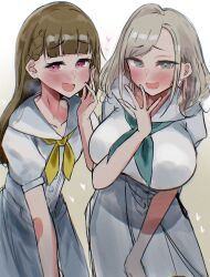 Rule 34 | 2girls, :d, aqua neckerchief, black bow, blue eyes, blush, bow, braid, breasts, brown hair, center-flap bangs, ceras yanagida lilienfeld, collarbone, dress, flat chest, grey hair, hair bow, hasu no sora school uniform, highres, kachimachi kosuzu, large breasts, leaning forward, link! like! love live!, long hair, love live!, medium dress, mesugaki, multiple girls, neckerchief, open hand, open mouth, pink eyes, pleated dress, puffy short sleeves, puffy sleeves, raised inner eyebrows, sailor collar, sailor dress, school uniform, short sleeves, side braids, smile, summer uniform, syoma (1026syoma), teasing, virtual youtuber, white dress, white sailor collar, yellow neckerchief