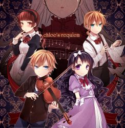 2boys 3girls arms_behind_back bad_id bad_pixiv_id beamed_quavers black_hair blonde_hair blue_eyes bow bow_(music) braid brothers brown_eyes brown_hair charlotte_(chloe_no_requiem) chloe_ardenne chloe_no_requiem crotchet_rest dress drill_hair dual_persona hair_bow hairband heterochromia highres ichinose_yukino instrument maid michel_d&#039;alembert multiple_boys multiple_girls musical_note pierre_d&#039;alembert pink_eyes ponytail sharp_sign sheet_music siblings smile source_request spoilers musical_staff suspenders twins violin