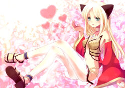 1girl animal_ears bad_feet bare_legs bikini blonde_hair blue_gemstone blush breasts brown_sandals cat_ears cat_girl cleavage commentary_request detached_sleeves earrings full_body gem gold_necklace green_eyes green_gemstone gypsy_(ragnarok_online) harem_pants heart jewelry legs long_hair looking_at_viewer medium_breasts necklace nekoparaiso open_mouth pants pink_background ragnarok_online red_gemstone red_sleeves sandals see-through_clothes see-through_pants sitting smile solo strapless strapless_bikini swimsuit toenails toes white_pants yellow_bikini