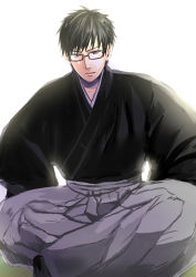 1boy black-framed_eyewear black_hair black_kimono chihayafuru hakama hakama_skirt japanese_clothes kimono lingalcrown male_focus simple_background sitting skirt solo wataya_arata white_background