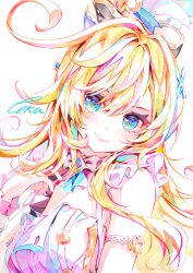 1girl ahoge blonde_hair blue_eyes blush breasts closed_mouth commentary escoffier_(genshin_impact) frilled_wrist_cuffs frills genshin_impact hair_between_eyes hand_up heart heart_in_eye highres long_hair looking_at_viewer medium_breasts signature smile solo symbol_in_eye touka_(pixiv71609120) upper_body very_long_hair white_background wrist_cuffs