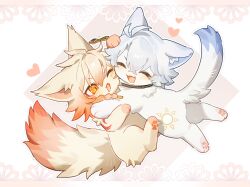 2boys ^_^ animal_ear_fluff animal_ears animalization black_choker blonde_hair braid choker closed_eyes dog_ears dog_tail earrings floating_earrings fluff gold_earrings gradient_hair hair_between_eyes highres honkai:_star_rail honkai_(series) hug jewelry male_focus multicolored_hair multiple_boys mydei_(honkai:_star_rail) one_eye_closed pawpads phainon_(honkai:_star_rail) pouncing red_hair side_braid simple_background suirandanshihao sun_symbol sun_tattoo tail tan tattoo yaoi