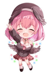 Rule 34 | 1girl, :d, ^ ^, arm up, beret, black shirt, black shoes, black wings, blue archive, blush, braid, breasts, brown hat, brown skirt, chibi, closed eyes, collarbone, commentary request, cosplay, facing viewer, feathered wings, full body, hat, head wings, highres, hoshizaki akari, koharu (blue archive), koharu (blue archive) (cosplay), large breasts, loafers, long sleeves, loose socks, low wings, off shoulder, ongeki, open mouth, pink hair, pleated skirt, puffy long sleeves, puffy sleeves, sailor collar, shirt, shoes, simple background, skirt, sleeves past wrists, smile, socks, solo, star (symbol), twin braids, white background, white sailor collar, white socks, wings, xenon (for achieve)