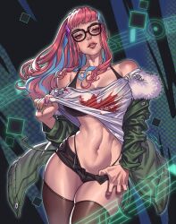 black_bra black_panties black_shorts bra breasts brown_eyes brown_thighhighs clothes_lift cosplay cowboy_shot fatal_fury glasses green_jacket highleg highleg_panties highres jacket large_breasts long_hair micro_shorts navel off_shoulder panties parted_lips pink_hair preecha_(fatal_fury) sakura_futaba sakura_futaba_(cosplay) shirt shirt_lift shorts superbull thighhighs underwear white_shirt