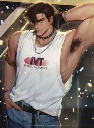 1boy brown_hair highres indie_virtual_youtuber jewelry jigeumgat-igaja_(ni_yoll) kite_hasegawa male_focus necklace shirt sleeveless sleeveless_shirt studded_choker yellow_eyes