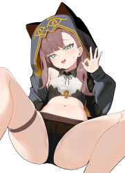 1girl absurdres ankh aqua_eyes arknights armpit_crease black_jacket black_panties black_ribbon blush brown_hair cameltoe chinese_commentary commentary hand_up hei_tudou highres hood hood_up hooded_jacket jacket loli long_hair long_sleeves midriff navel neck_ribbon ok_sign open_clothes open_jacket panties pepe_(arknights) ribbon simple_background skindentation solo spread_legs sweatdrop thigh_strap underwear white_background yellow_jacket